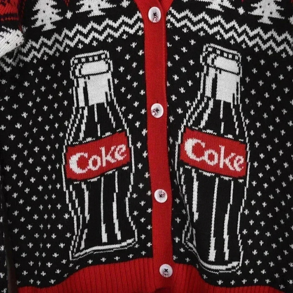 Coca Cola Ugly Christmas Cardigan Sweater Coke Polar Bears Red Black Size Small - Picture 4 of 11